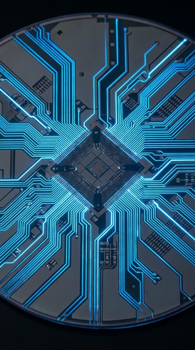 Top-down macro of a silicon wafer with illuminated circuit traces